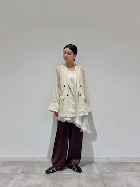 「SENSE OF PLACE by URBAN RESEARCH(センスオブプレイスバイアーバンリサーチ)の『接触冷感』シアーストライプテーラードジャケット(その他アウター、ホワイト系)」を使った、beeeさん(レディース・155cm)の夏コーディネート