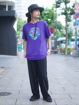 「OVERRIDE（オーバーライド）の【OVERRIDE】WATER REPELLENT BOONIE / 【オーバーライド】ウォーターリペレント　ブーニー（ハット、ブラック系）」を使った、ponさん（レディース・154cm）の夏コーディネート