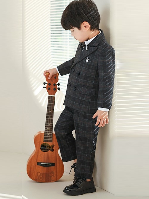 キッズスーツ/セットアップ】長袖チェックダブルボタンジャケット+長袖