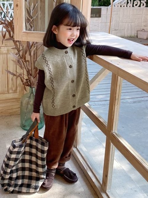 セール】ツートンカラーリブ襟ナチュラルrテイストニットベスト キッズ