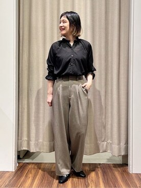 「grove（グローブ）の【洗える】毎日履きたいチェックワイドパンツ（その他パンツ、ブラウン系）」を使った、kanakoさん（レディース・160cm）の秋コーディネート