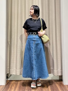 「grove（グローブ）の【UVカット・接触冷感】シアードッキングTシャツ（Tシャツ/カットソー、ブラック系）」を使った、kanakoさん（レディース・160cm）の夏コーディネート