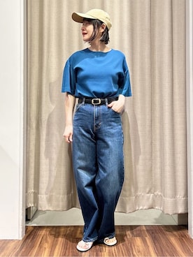 「Lee（リー）の【Lee×grove別注】WIDE DENIM PANTS（デニムパンツ、ブルー系）」を使った、kanakoさん（レディース・160cm）の夏コーディネート