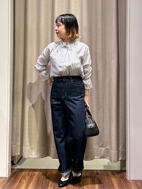 「grove（グローブ）のフリルカラーリボンブラウス（シャツ/ブラウス、ブルー系）」を使った、kanakoさん（レディース・160cm）の秋コーディネート