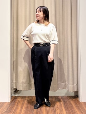 「grove（グローブ）の【貴島明日香さん着用】やわらかドライタッチ 袖メッシュ編みニット（ニット/セーター、ホワイト系）」を使った、kanakoさん（レディース・160cm）の春コーディネート