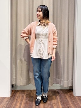 「grove（グローブ）の【コラボITEM】Philly Chocolate ブークレカーディガン（カーディガン/ボレロ、ピンク系）」を使った、kanakoさん（レディース・160cm）の冬コーディネート