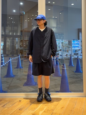 「EKAL（エカル）の『吸水速乾/通気性/軽量』DOT AIR NO COLLOR CARDIGAN（カーディガン/ボレロ、ブルー系）」を使った、isamuさん（メンズ・168cm）の春コーディネート