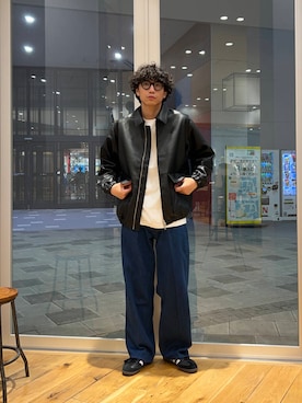 「アイテム（ライダースジャケット）」を使った、isamuさん（メンズ・168cm）の秋コーディネート