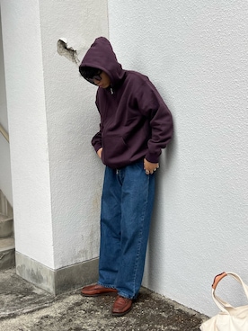 「アイテム（パーカー、パープル系）」を使った、isamuさん（メンズ・168cm）の秋コーディネート