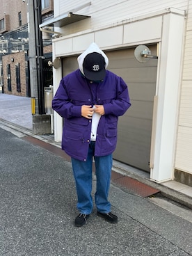 「アイテム（その他アウター、パープル系）」を使った、isamuさん（メンズ・168cm）の冬コーディネート