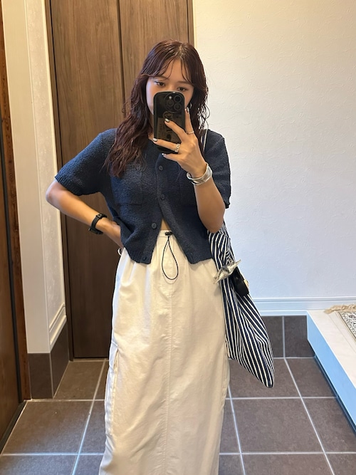 スクエアポケットブークレニット半袖カーディガン（カーディガン