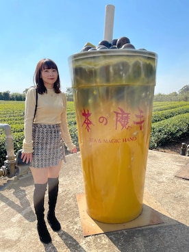 「TITTY&CO.（ティティーアンドコー）の【titty&Co.PETIT】ラメツイードスカパン（スカート、ベージュ系）」を使った、シュさん（レディース・156cm）の冬コーディネート