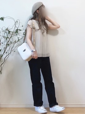 「プリーツ」｜「アイテム（ハンチング/ベレー帽）」を使った、mikaさん（レディース・155cm）の夏コーディネート