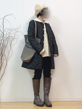 「キルティングコート」｜「アイテム（キャップ）」を使った、mikaさん（レディース・155cm）の冬コーディネート
