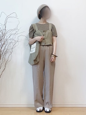 「ショート丈トップス」｜「アイテム（ハンチング/ベレー帽）」を使った、mikaさん（レディース・155cm）の夏コーディネート