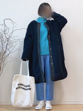 「ブルーコーデ」｜「アイテム（ノーカラージャケット）」を使った、mikaさん（レディース・155cm）の秋コーディネート