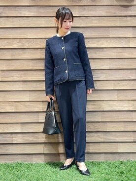 「SHOO・LA・RUE（シューラルー）の【S-3L】オンとオフで印象が変わる ライトツイードジャケット（ノーカラージャケット、ブルー系）」を使った、himiさん（レディース・160cm）の冬コーディネート