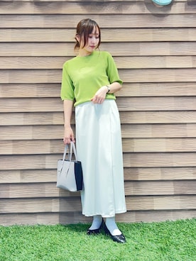 「SHOO・LA・RUE（シューラルー）の【毎日洗える/S-LL/ひんやり/UV】上半身すっきり 二の腕見せない5分袖ニット（ニット/セーター、グリーン系）」を使った、himiさん（レディース・160cm）の春コーディネート