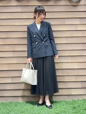 「SHOO・LA・RUE（シューラルー）の【セットアップ可/S-LL/洗濯機可】マニッシュに決まる ダブルブレストジャケット（テーラードジャケット、ブルー系）」を使った、himiさん（レディース・160cm）の冬コーディネート