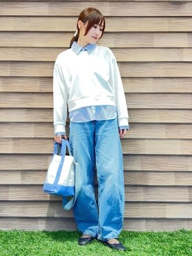 「SHOO・LA・RUE（シューラルー）の【洗濯機可】1枚でサマ見え シャツレイヤード風 スウェット（スウェット、ホワイト系）」を使った、himiさん（レディース・160cm）の冬コーディネート