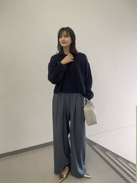 「URBAN RESEARCH（アーバンリサーチ）のテープヤーンVネック畦ニット（ニット/セーター）」を使った、ちほさん（レディース・163cm）の冬コーディネート