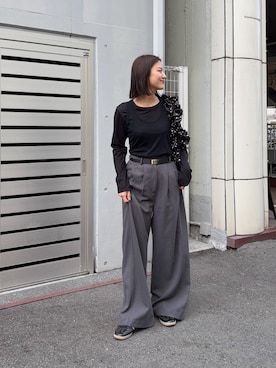 「LAATO（ラート）のlayered long set tee（Tシャツ/カットソー、ブラック系）」を使った、ちほさん（レディース・163cm）の春コーディネート