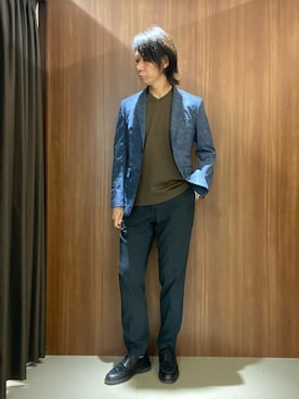 「TAKEO KIKUCHI（タケオキクチ）の【抗菌防臭】COOL DOTS（R）ドビープリント ジャケット（テーラードジャケット、ブルー系）」を使った、かたやまさん（メンズ・177cm）の夏コーディネート
