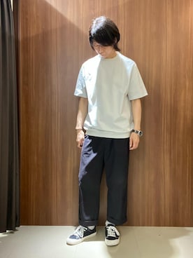 「TAKEO KIKUCHI（タケオキクチ）の【抗菌防臭／5サイズ展開】ハイゲージポンチ Tシャツ（Tシャツ/カットソー、グレー系）」を使った、かたやまさん（メンズ・177cm）の春コーディネート