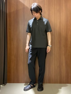 「TAKEO KIKUCHI（タケオキクチ）の【抗菌防臭／9色5サイズ展開】ハニカムメランジ ポロシャツ（ポロシャツ、グリーン系）」を使った、かたやまさん（メンズ・177cm）の夏コーディネート