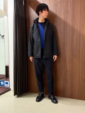 「TAKEO KIKUCHI（タケオキクチ）の【ライトアウター】ドビー エレクティブ シェルブルゾン（ブルゾン、ブラック系）」を使った、かたやまさん（メンズ・177cm）の冬コーディネート