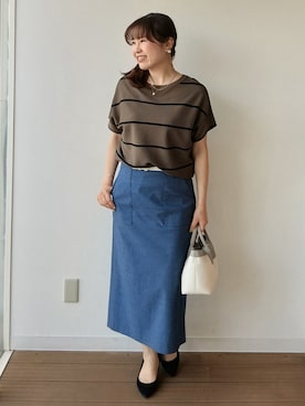 「UNTITLED（アンタイトル）の【古畑星夏さん着用/11色展開/体型カバー】前後2WAYフレンチスリーブニット（ニット/セーター、グリーン系）」を使った、なみきさん（レディース・165cm）の春コーディネート