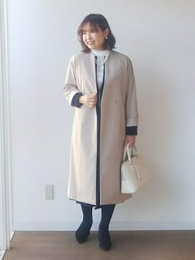 「アイテム（ノーカラーコート、ベージュ系）」を使った、なみきさん（レディース・165cm）の冬コーディネート