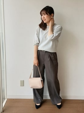 「UNTITLED（アンタイトル）の【洗える/ゆったり/程よい透け感】クルーネックドライニット（ニット/セーター、グレー系）」を使った、なみきさん（レディース・165cm）の夏コーディネート