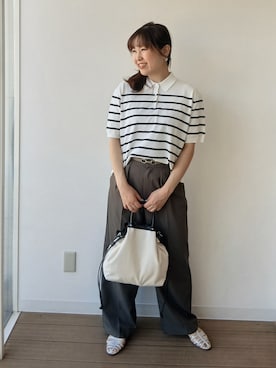 「INDIVI（インディヴィ）の【洗える／コットン】ドライタッチさらりポロ襟ニットT（ニット/セーター、ホワイト系）」を使った、なみきさん（レディース・165cm）の春コーディネート