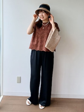 「UNTITLED（アンタイトル）の【セットアップ可能】リーフレースブラウス（シャツ/ブラウス、ブラウン系）」を使った、なみきさん（レディース・165cm）の夏コーディネート