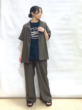 「SHOO・LA・RUE（シューラルー）の【S-LL/洗濯機可/セットアップ可】軽凛(かろりん) ひんやり半袖ジャケット（テーラードジャケット、ブラウン系）」を使った、まっつんさん（レディース・160cm）の春コーディネート