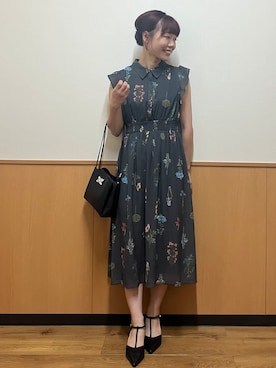 「index（インデックス）のボタニカルフレアワンピース【洗濯機OK】（ワンピース、グレー系）」を使った、MAYUKIさん（レディース・156cm）の夏コーディネート