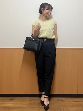 「index（インデックス）のマルチボーダーアソートニット【洗濯機OK／抗ピリング】（ニット/セーター、イエロー系）」を使った、MAYUKIさん（レディース・156cm）の夏コーディネート
