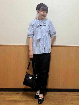 「index（インデックス）の【防シワ】2wayボウタイペプラム5分袖ブラウス《洗濯機OK／イージーアイロン》（シャツ/ブラウス、ブルー系）」を使った、MAYUKIさん（レディース・156cm）の夏コーディネート