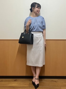 「index（インデックス）の【吸水速乾】ストライプ調デザインスリーブトップス《洗濯機OK》（Tシャツ/カットソー、ブルー系）」を使った、MAYUKIさん（レディース・156cm）の夏コーディネート