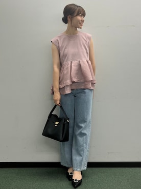 「index（インデックス）のダブルペプラムトップス【洗濯機OK】（Tシャツ/カットソー、ピンク系）」を使った、MAYUKIさん（レディース・156cm）の夏コーディネート