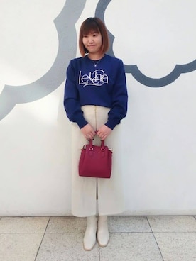 「ITS'DEMO（イッツデモ）の【手洗い可】ロゴ刺繍ニット（ニット/セーター、ブルー系）」を使った、ちびすけさん（レディース・152cm）の冬コーディネート