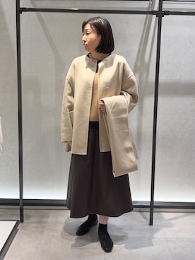 「アイテム（ノーカラーコート、ベージュ系）」を使った、わたなべさん（レディース・157cm）の秋コーディネート