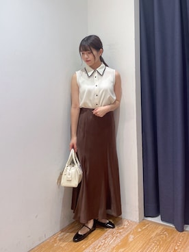 「NATURAL BEAUTY BASIC（ナチュラルビューティーベーシック）のバイアスサテンナロースカート（スカート、ブラウン系）」を使った、rkrk1020さん（レディース・151cm）の夏コーディネート