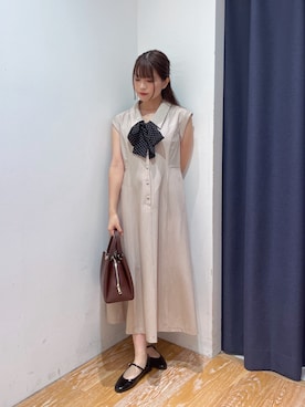 「NATURAL BEAUTY BASIC（ナチュラルビューティーベーシック）のシャツカラードットタイワンピース（ワンピース、ベージュ系）」を使った、rikoさん（レディース・151cm）の夏コーディネート