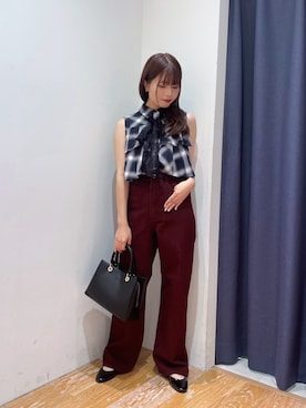 「NATURAL BEAUTY BASIC（ナチュラルビューティーベーシック）のワイドストレートツイルパンツ（その他パンツ、ブラウン系）」を使った、rikoさん（レディース・151cm）の夏コーディネート