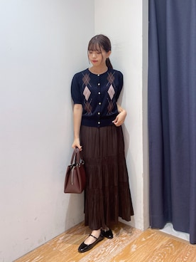 「NATURAL BEAUTY BASIC（ナチュラルビューティーベーシック）のアーガイルハーフスリーブカーディガン（カーディガン/ボレロ、ブルー系）」を使った、rikoさん（レディース・151cm）の夏コーディネート