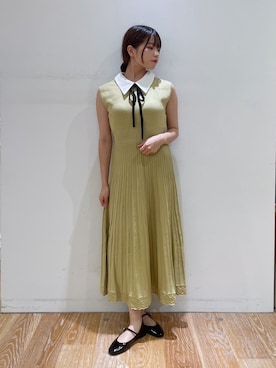 「NATURAL BEAUTY BASIC（ナチュラルビューティーベーシック）のシャツカラーナローリボンニットワンピース（ワンピース、グリーン系）」を使った、rikoさん（レディース・151cm）の夏コーディネート