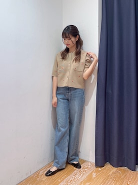 「NATURAL BEAUTY BASIC（ナチュラルビューティーベーシック）の【追加生産予約】ハート刺繍ニットジャケット（カーディガン/ボレロ、ベージュ系）」を使った、rikoさん（レディース・151cm）の夏コーディネート