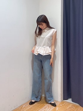 「NATURAL BEAUTY BASIC（ナチュラルビューティーベーシック）のヘムフリルシャツブラウス（シャツ/ブラウス、ベージュ系）」を使った、rikoさん（レディース・151cm）の夏コーディネート